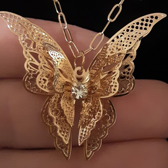 Hand Crafted Jewelry - Handmade Filigre Butterfly Necklace Goldtone 20" Chain